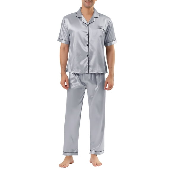 Lars Amadeus Mens Classic Satin Pajama Sets Short Sleeves Button Down Nightwear Sleepwears Loungewear Pjs L Gray