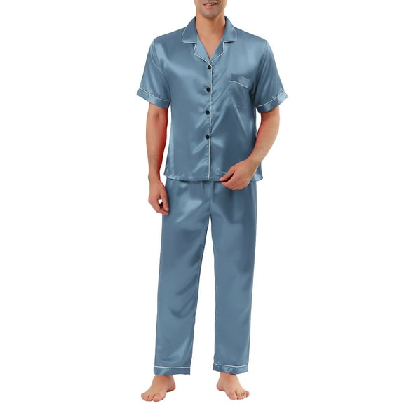 INSPIRE CHIC Men's Classic Satin Pajama Sets Short Sleeves Button Down Nightwear Sleepwears Loungewear S Light Blue
