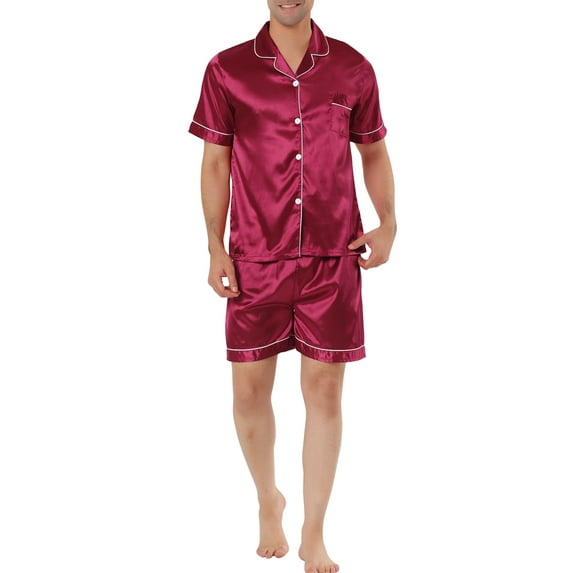 INSPIRE CHIC Mens Satin Pajama Sets Short Sleeves Summer 2 Piece Loungewear Sleepwears Nightwear L Burgundy