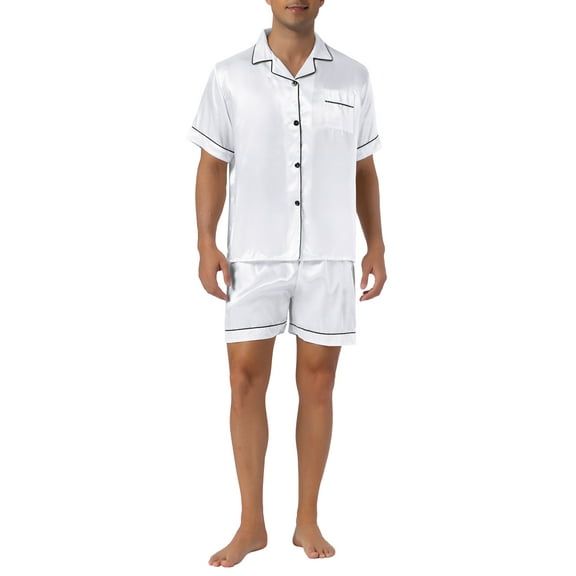 INSPIRE CHIC Mens Satin Pajama Sets Short Sleeves Summer 2 Piece Loungewear Sleepwears Nightwear S White