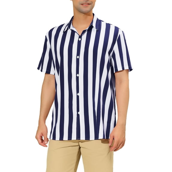 INSPIRE CHIC Mens Stripe Shirt Short Sleeved Color Block Button Down Beach Shirt L Navy Blue