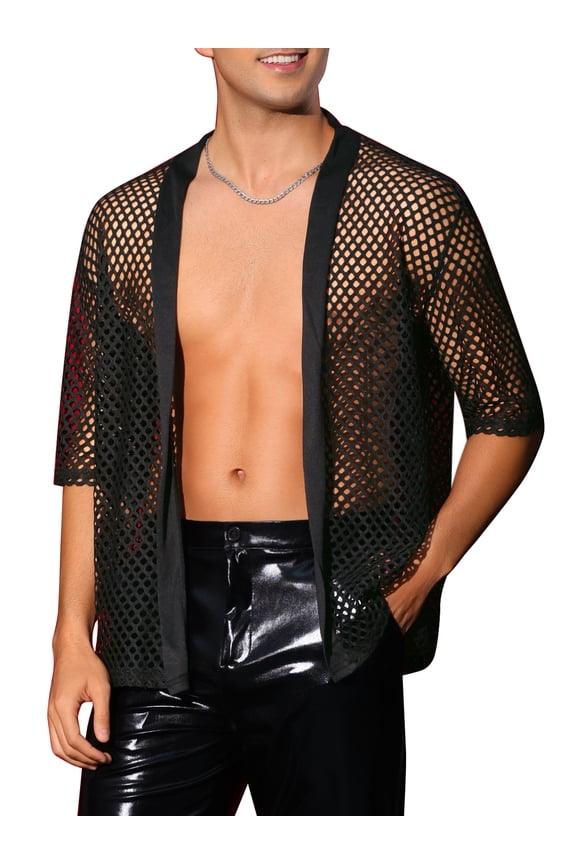 Mesh Sheer Cardigan for Men's Fishnet Open Front Party Tops 3/4 Sleeve See Through Shirts