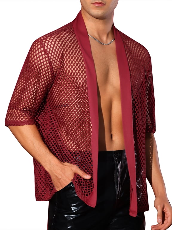 Mesh Sheer Cardigan for Men's Fishnet Open Front Party Tops 3/4 Sleeve See Through Shirts