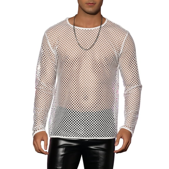 INSPIRE CHIC Mesh T-Shirt for Men's Long Sleeves See Through Sheer Top White S