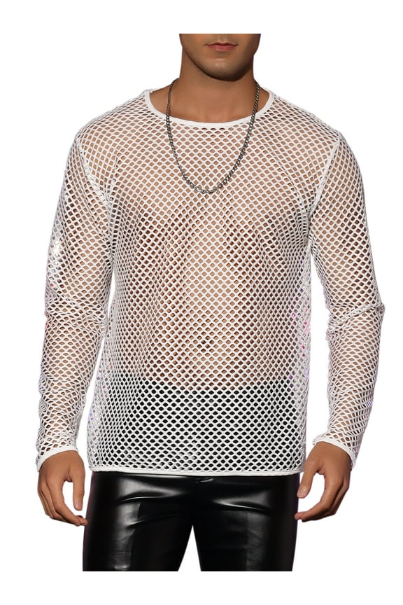 Mesh T-Shirt for Men's Long Sleeves See Through Sheer Top White L