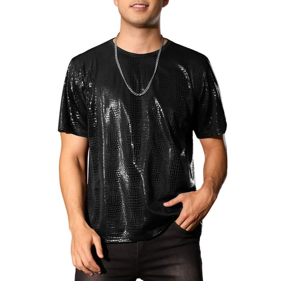 INSPIRE CHIC Metallic Animal Printed T-Shirt for Men's Short Sleeves Disco Party Tee Shirts L Black