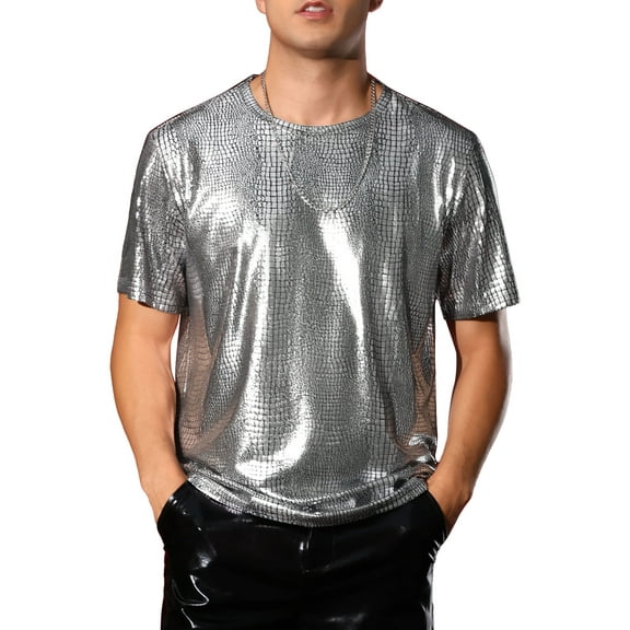 INSPIRE CHIC Metallic Animal Printed T-Shirt for Men's Short Sleeves Disco Party Tee Shirts L Silver