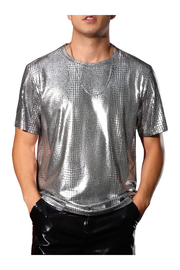 Metallic Animal Printed T-Shirt for Men's Short Sleeves Disco Party Tee Shirts L Silver