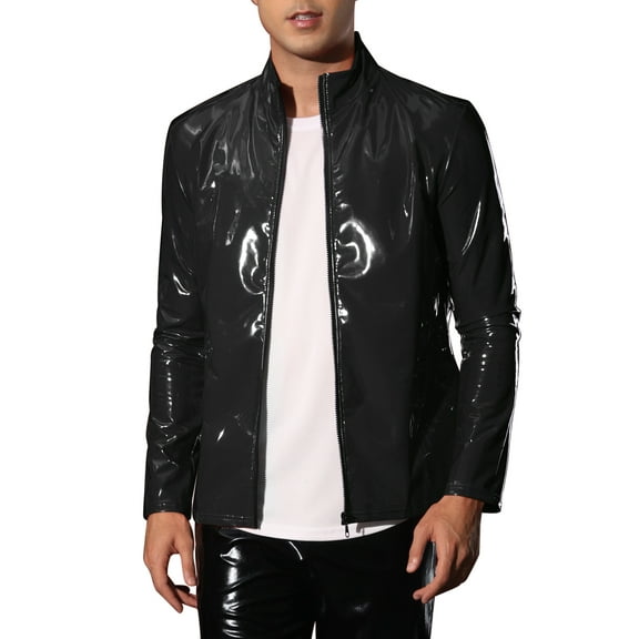 INSPIRE CHIC Metallic Jackets for Men's Shiny Party Nightclub Zipper PU Jacket