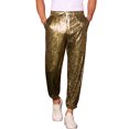 thumbnail image 1 of INSPIRE CHIC Metallic Jogger Pants for Men's Contrast Color Drawstring Waist Disco Party Trousers Golden 30, 1 of 4
