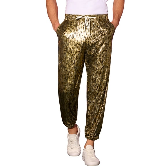 INSPIRE CHIC Metallic Jogger Pants for Men's Contrast Color Drawstring Waist Disco Party Trousers Golden 30