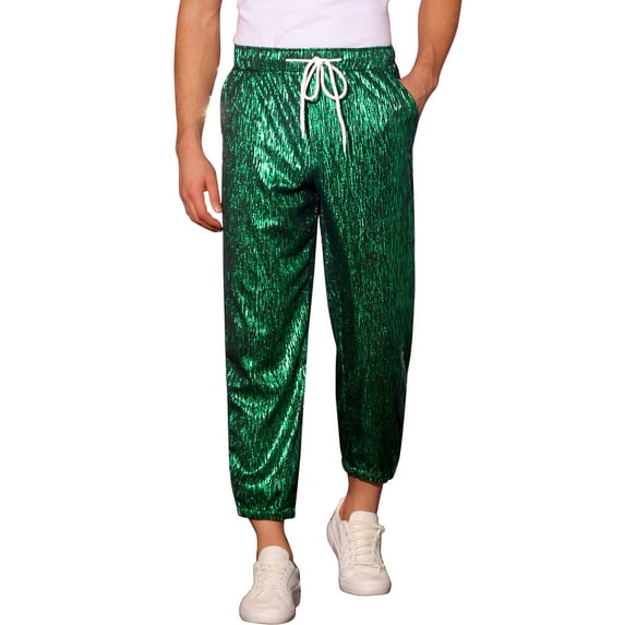 INSPIRE CHIC Metallic Jogger Pants for Men's Contrast Color Drawstring Waist Disco Party Trousers Green 30