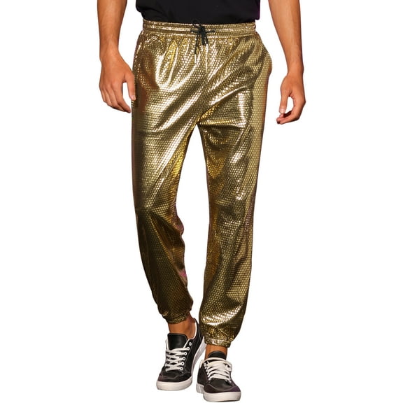 INSPIRE CHIC Metallic Joggers for Men's Drawstring Waist Party Club Shiny Disco Pants Golden 28