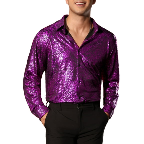 INSPIRE CHIC Metallic Leopard Shirts for Men's Long Sleeves Button Down Shiny Printed Shirts 2XL Purple
