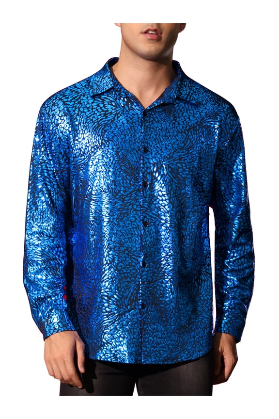 Metallic Leopard Shirts for Men's Long Sleeves Button Down Shiny Printed Shirts L Blue