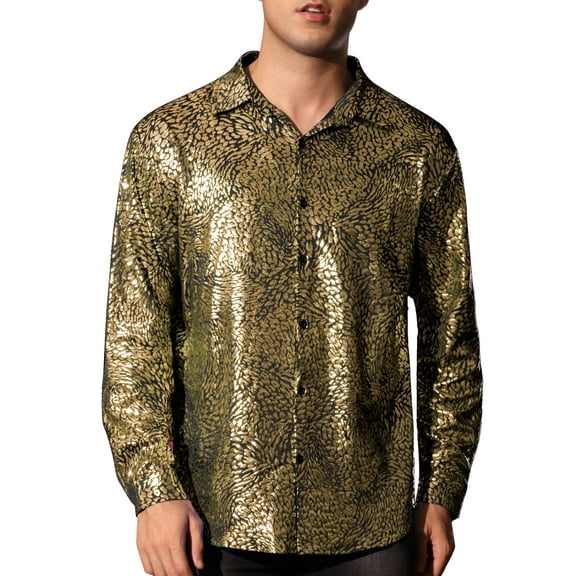 INSPIRE CHIC Metallic Leopard Shirts for Men's Long Sleeves Button Down Shiny Printed Shirts S Golden