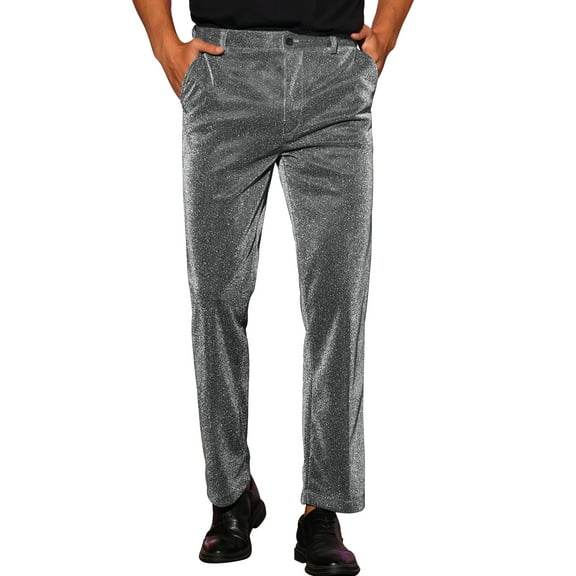 INSPIRE CHIC Men's Pants Metallic Straight Leg Party Nightclub Glittering Trousers 28 Silver Gray