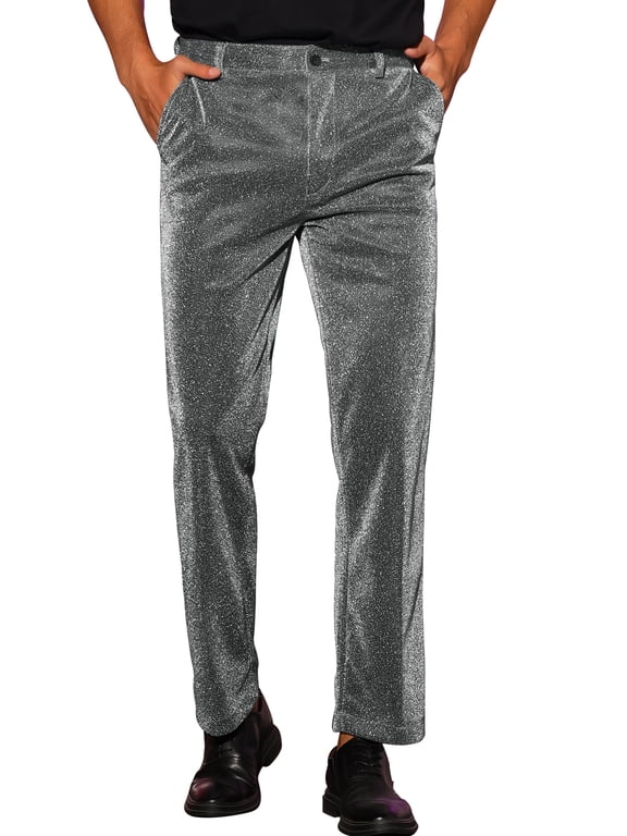 Halloween Men's Pants Metallic Straight Leg Party Nightclub Glittering Trousers 32 Silver Gray