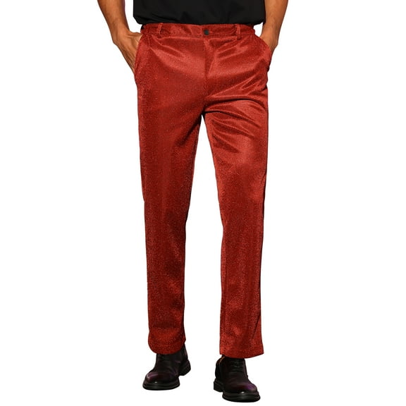 INSPIRE CHIC Men's Pants Metallic Straight Leg Party Nightclub Glittering Trousers 30 Red