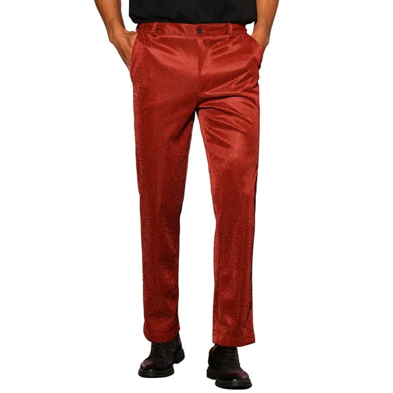 INSPIRE CHIC Men's Pants Metallic Straight Leg Party Nightclub Glittering Trousers 28 Red