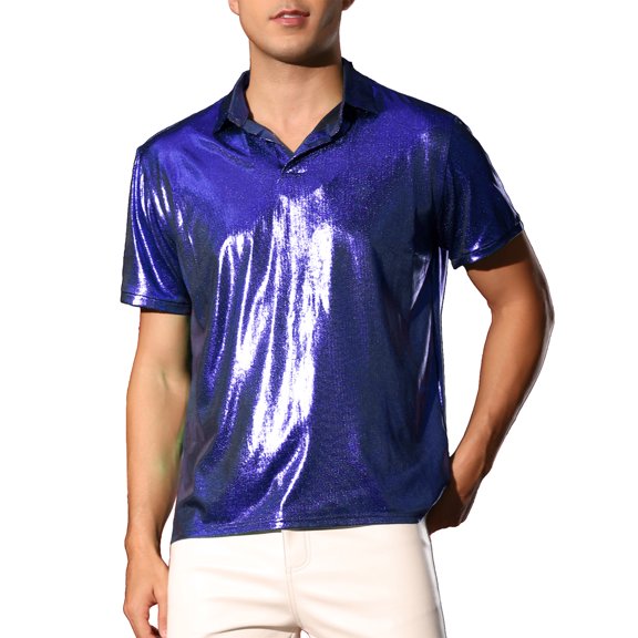 INSPIRE CHIC Metallic Polo Shirt for Men's Short Sleeves Shiny Disco Nightclub Party Collared T-Shirt 2XL Blue