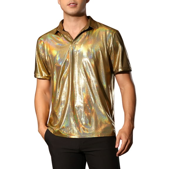 INSPIRE CHIC Metallic Polo Shirt for Men's Short Sleeves Shiny Disco Nightclub Party Collared T-Shirt M Golden