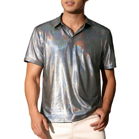 INSPIRE CHIC Metallic Polo Shirt for Men's Short Sleeves Shiny Disco Nightclub Party Collared T-Shirt M Silver