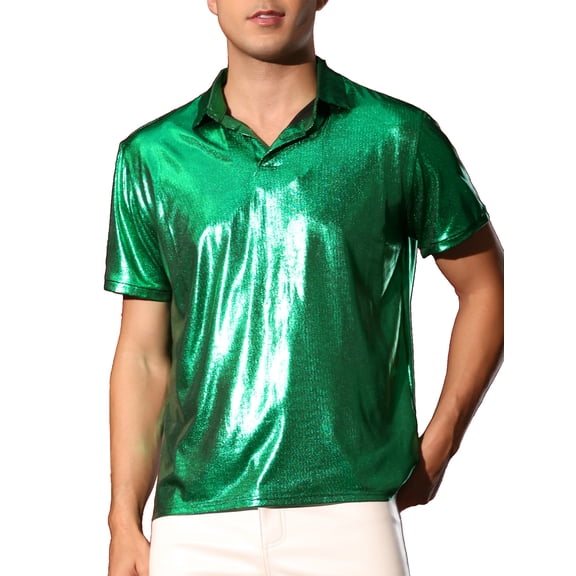 INSPIRE CHIC Metallic Polo Shirt for Men's Short Sleeves Shiny Disco Nightclub Party Collared T-Shirt XL Green