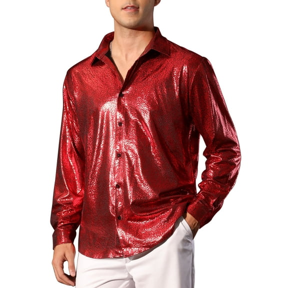 INSPIRE CHIC Metallic Shirt for Men's Button Down Party Glitter Costume Shiny Leopard Printed Shirts