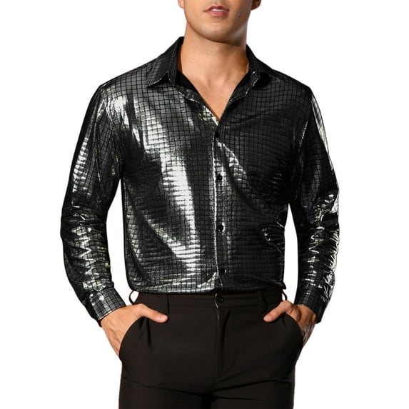 INSPIRE CHIC Metallic Shirt for Men's Long Sleeves Button Down Nightclub Party Shiny Shirts