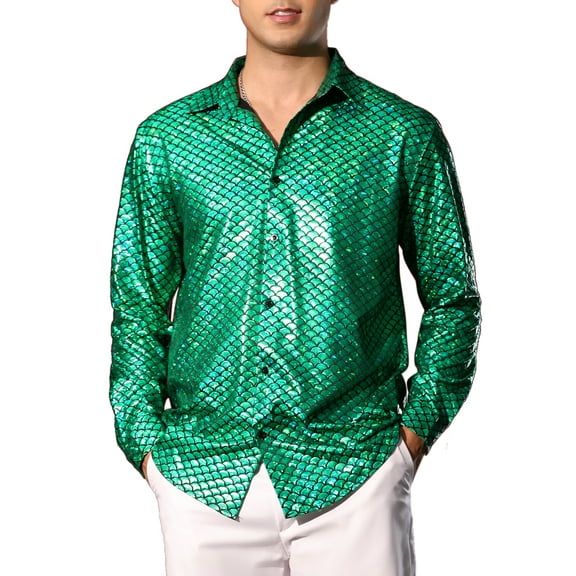 INSPIRE CHIC Metallic Shirt for Men's Long Sleeves Party Disco Shiny Printed Shirts S Green