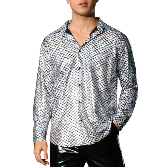 INSPIRE CHIC Metallic Shirt for Men's Long Sleeves Party Disco Shiny Printed Shirts S Silver