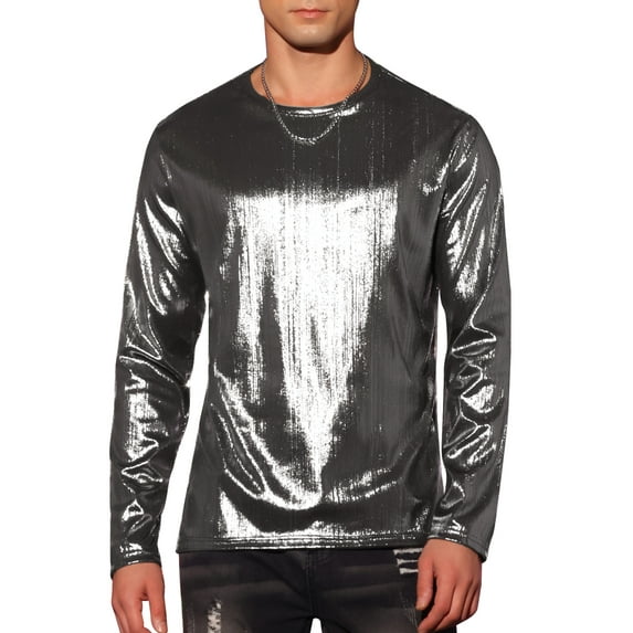 Lars Amadeus Metallic Shirt for Men's Long Sleeves Shiny Tee Tops Nightclub Disco T-Shirts