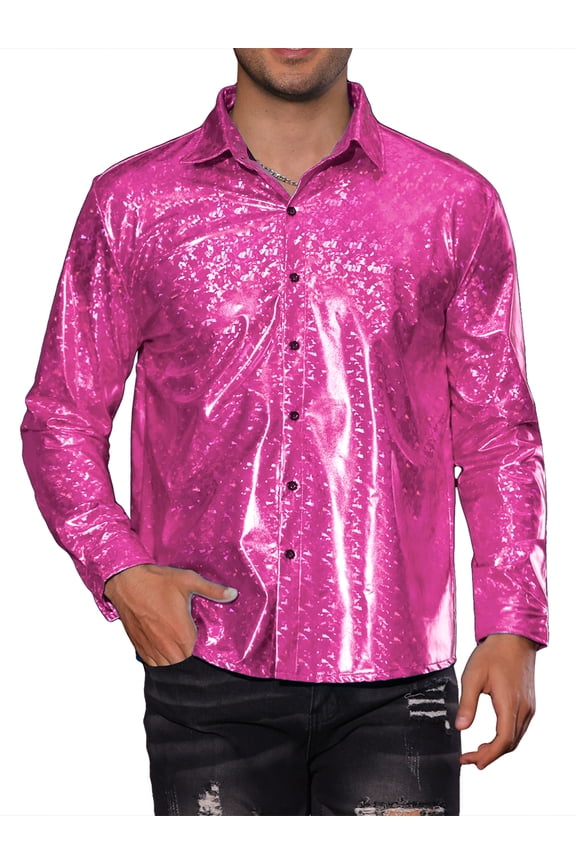 Metallic Shirts for Men's Shiny Printed Button Down Party 70s Disco Shirts M Rose Red