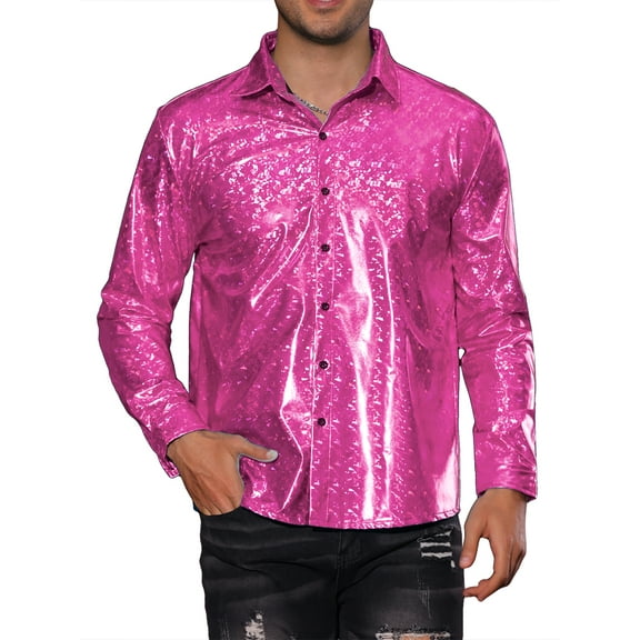 INSPIRE CHIC Metallic Shirts for Men's Shiny Printed Button Down Party 70s Disco Shirts M Rose Red
