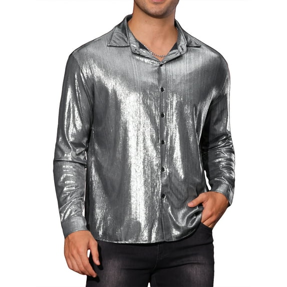 INSPIRE CHIC Holographic Shirts for Men's Metallic Long Sleeve Top Button Down Disco Shiny Shirt 2XL Dark Gray