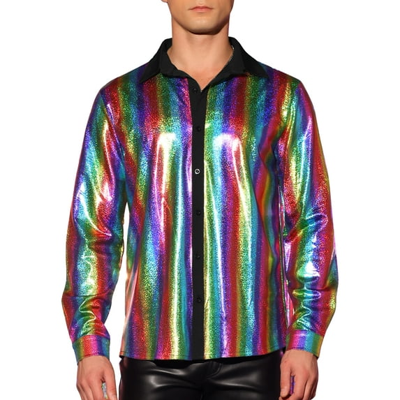 INSPIRE CHIC Metallic Shirts for Men's Long Sleeves Button Down Shiny Nightclub Party Shirts Rainbow M