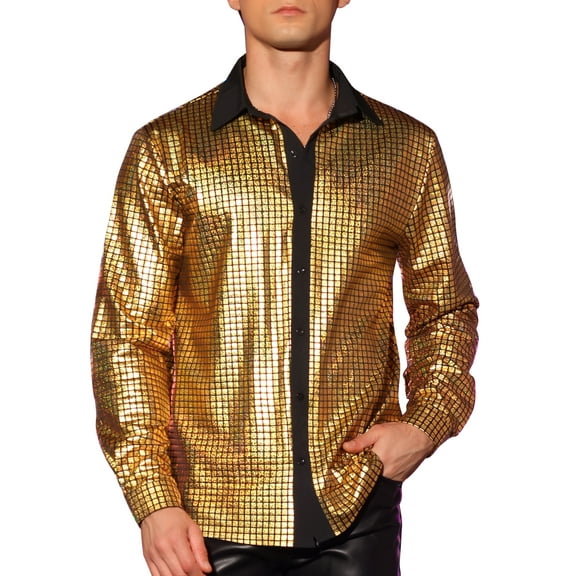 INSPIRE CHIC Metallic Shirts for Men's Long Sleeves Button Down Shiny Nightclub Party Shirts Golden S