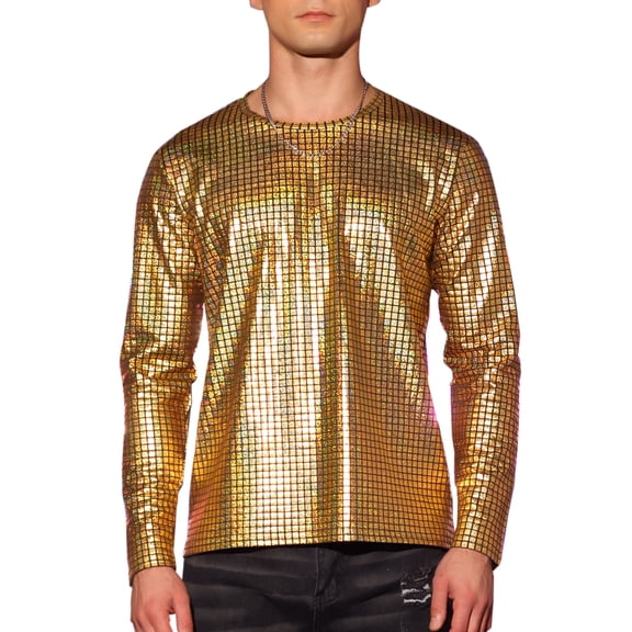 INSPIRE CHIC Metallic T-Shirt for Men's Crew Neck Long Sleeves Party Club Shiny T-shirts S Golden
