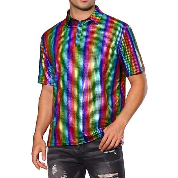 INSPIRE CHIC Metallic T-Shirt for Men's Short Sleeves Hipster Shiny Disco Golf Polo Shirts