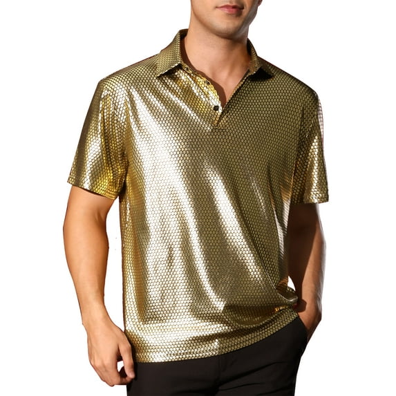 INSPIRE CHIC Metallic T-Shirt for Men's Sparkle Dots Printed Short Sleeves Shiny Golf Polo Shirts