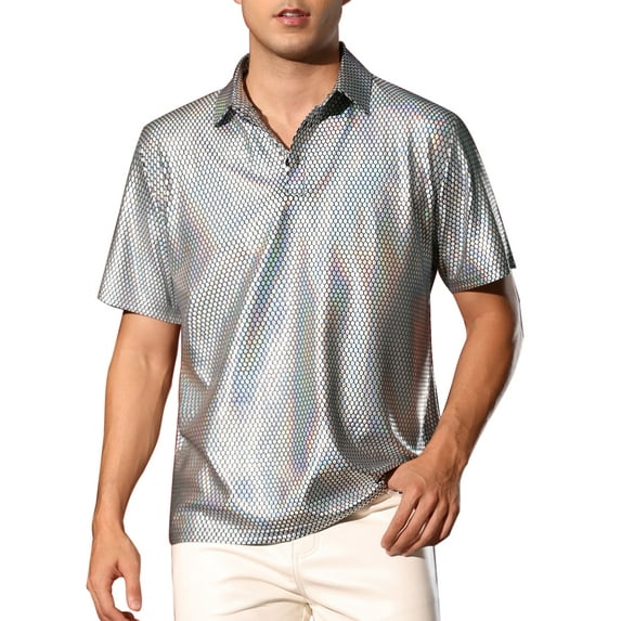 INSPIRE CHIC Metallic T-Shirt for Men's Sparkle Dots Printed Short Sleeves Shiny Golf Polo Shirts
