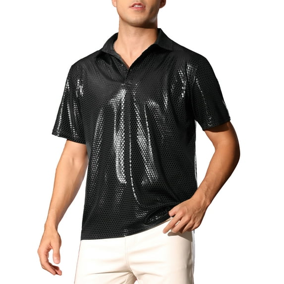 INSPIRE CHIC Metallic T-Shirt for Men's Sparkle Dots Printed Short Sleeves Shiny Golf Polo Shirts