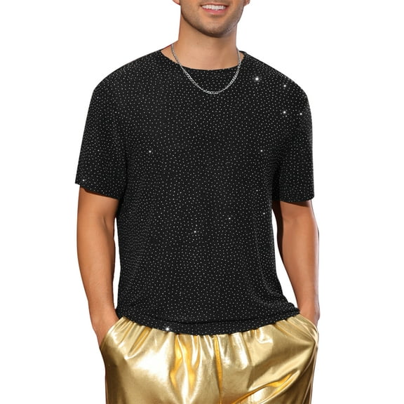 INSPIRE CHIC Metallic T Shirt for Men's Sparkly Short Sleeve Party Tee Shiny Club Glitter T-Shirt