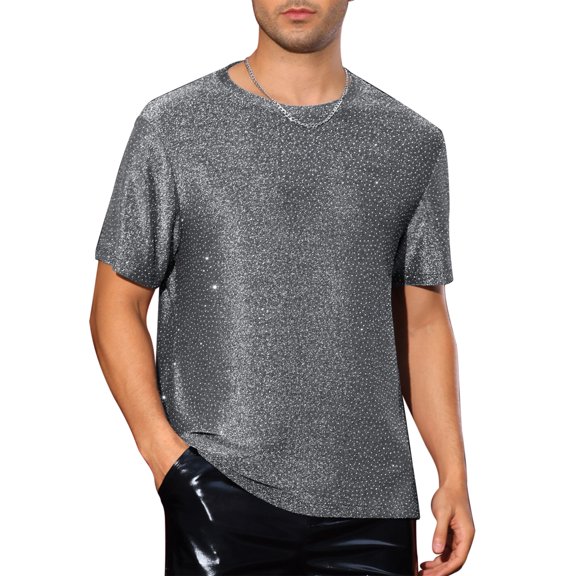 INSPIRE CHIC Metallic T Shirt for Men's Sparkly Short Sleeve Party Tee Shiny Club Glitter T-Shirt
