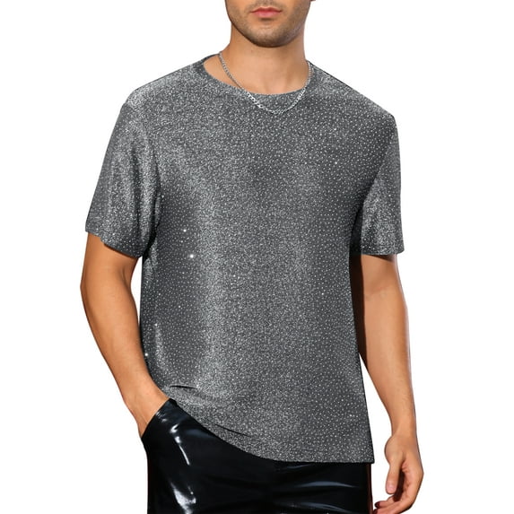 INSPIRE CHIC Metallic T Shirt for Men's Sparkly Short Sleeve Party Tee Shiny Club Glitter T-Shirt