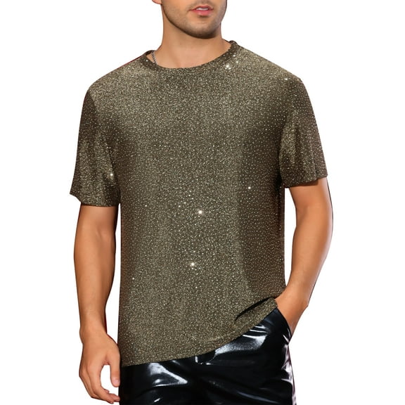 INSPIRE CHIC Metallic T Shirt for Men's Sparkly Short Sleeve Party Tee Shiny Club Glitter T-Shirt