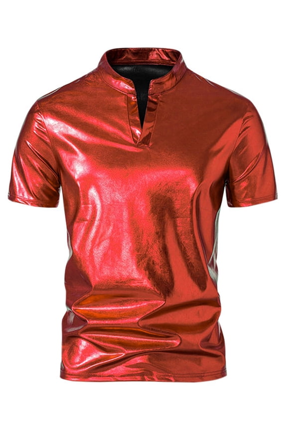 Metallic T-Shirt for Men's Stand Collared Shiny Disco Party Polo Tops 2XL Red