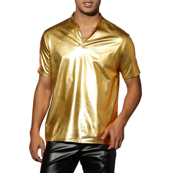INSPIRE CHIC Metallic T-Shirt for Men's Stand Collared Shiny Disco Party Polo Tops S Golden