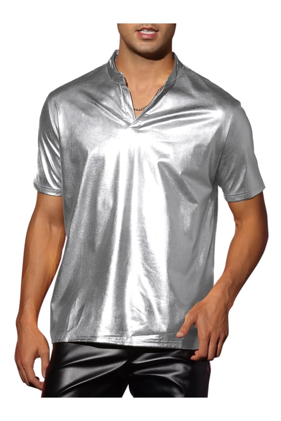 Metallic T-Shirt for Men's Stand Collared Shiny Disco Party Polo Tops S Silver